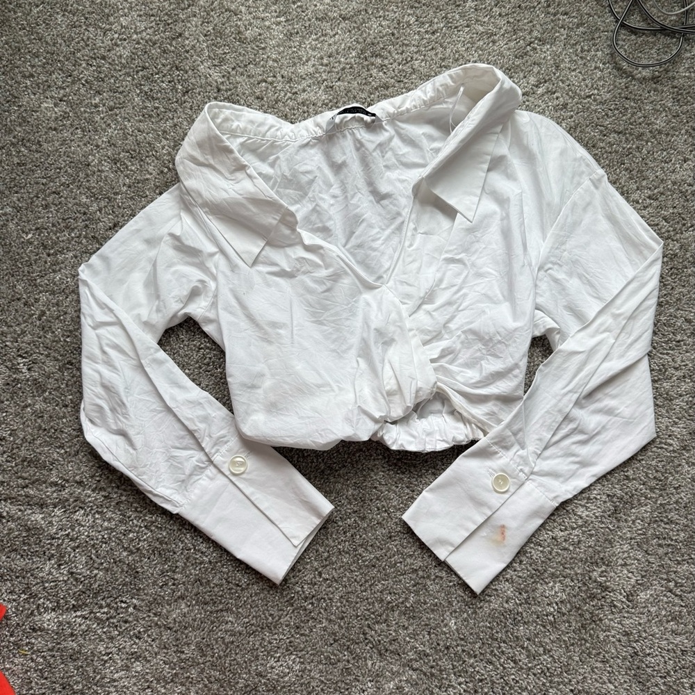 Zara White Cropped Button-Down Shirt